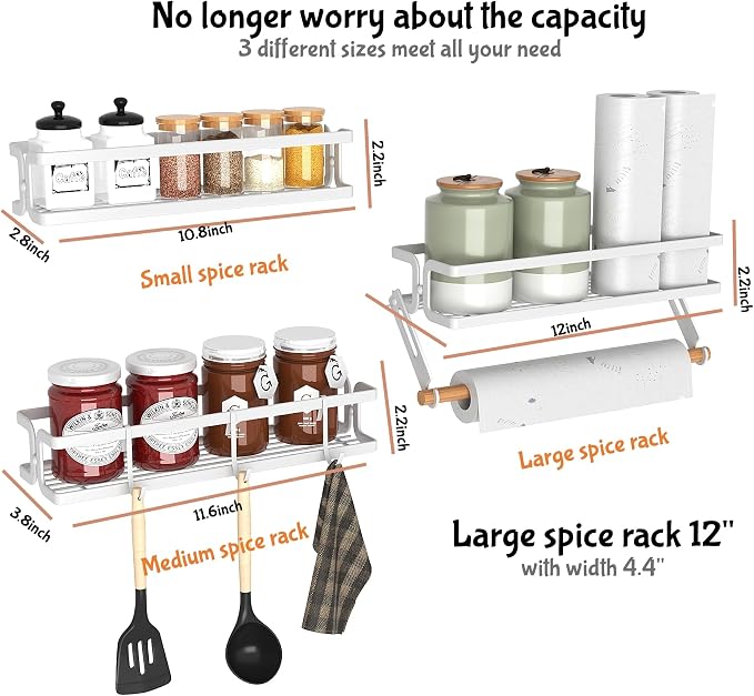 3 Pack Spice Rack Wall Mount, White | Paper Towel Holder and Hooks, Screw or Adhesive Hanging, Space Saving, For Stove, Cabinet, Pantry