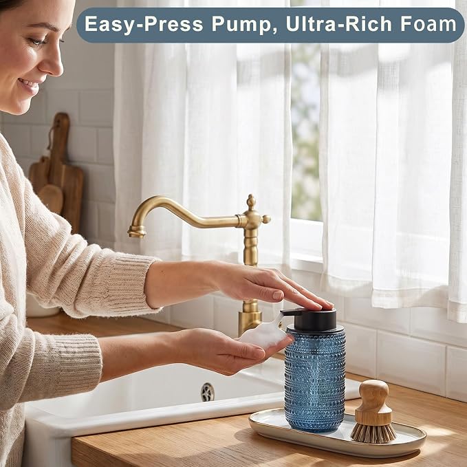 2 Pack Blue Glass Foaming Soap Dispenser, 14 OZ Vintage Hobnail Texture Foam Hand Soap Dispenser, Refillable & Reusable Foam Dispenser with Black Pump for Bathroom, Kitchen Decor, Elegant Look