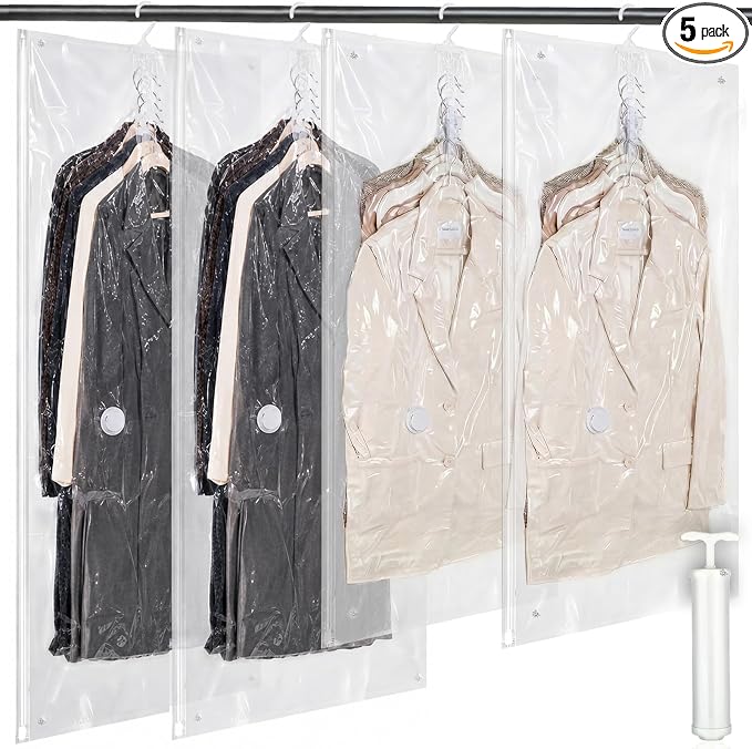 Novabright 5 Pack Hanging Vacuum Storage Bags for Clothing Compression Bags with Hand Pump Clear Reusable Hanging Vacuum Seal Storage for Coats Closet Organizer (2 Long 2 Medium)
