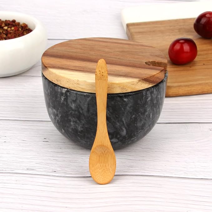 Marble Salt Cellar Box with Wood Lid & Spoon, Modern Black Stone Salt or Pepper Sugar Spice Seasoning Bowl Container Jar Holder Well Keeper Dish Pig Crock for Kitchen