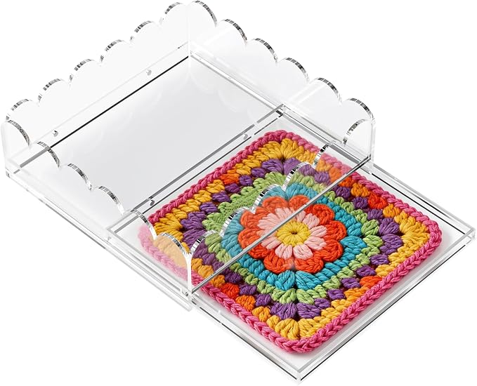 Acrylic Tray with Insert, 8 x 8 Inch Scalloped Clear Acrylic Decorative Tray for Needlepoint, Organizer Tray with 2 Magnets Slide Out Drawer Insert Photos Fabrics Pictures for Home Decor Gift
