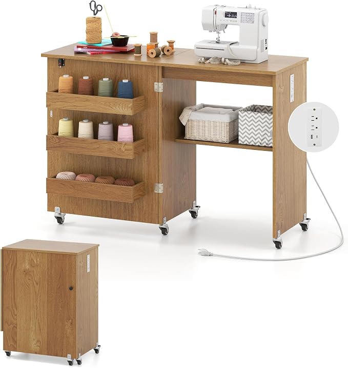 Giantex Folding Sewing Table with Charging Station, Storage Trays & Shelf | Rolling Craft Table with Lockable Wheels, Foldable Sewing Machine Cabinet Desk for Small Spaces, Dorms, Natural