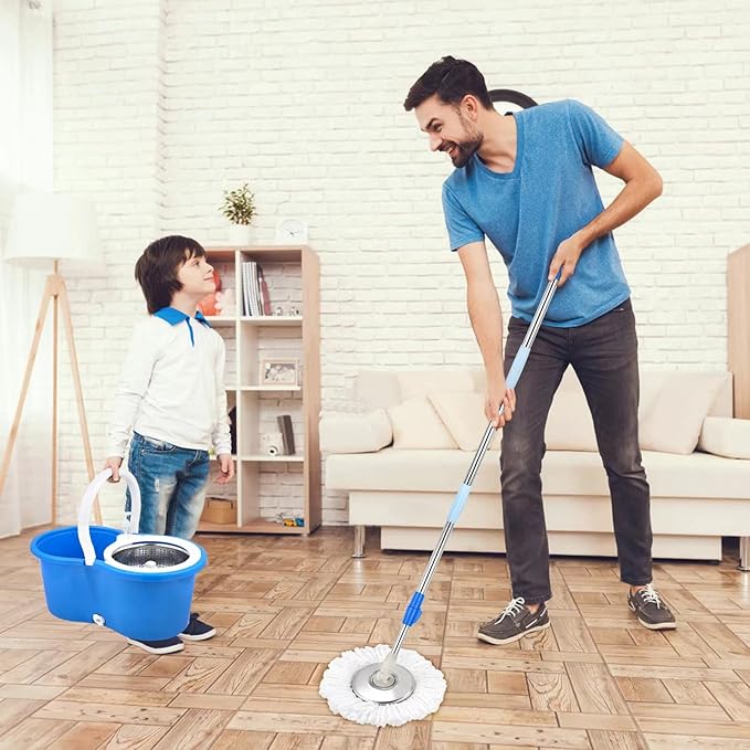 Spin Mop Bucket System, 360 Spin Floor Cleaning Mop Bucket with 3 Microfiber Replacement Head Refills Telescoping Handle for House Cleaning