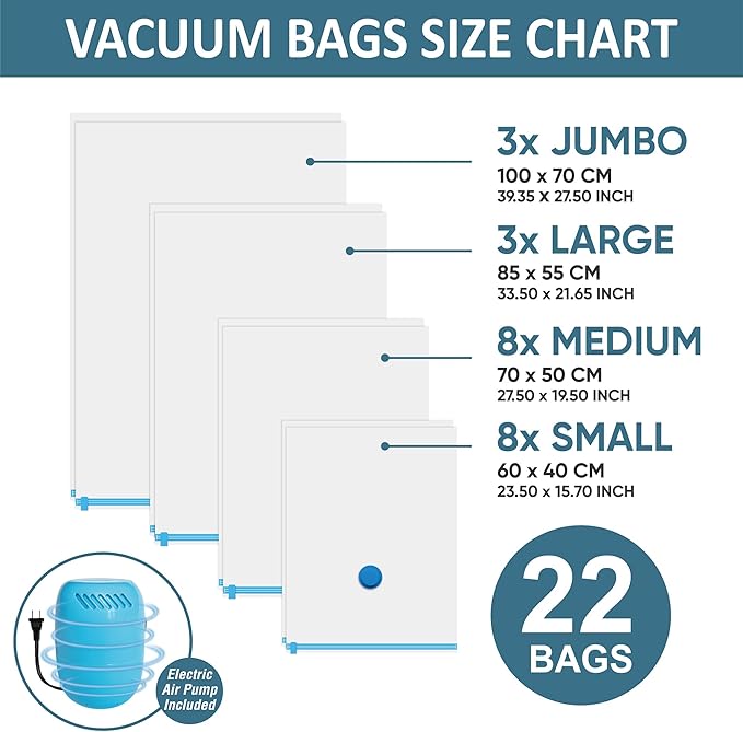 22 Vacuum Storage Bags with Electric Pump, Vacuum Sealed Storage Bags (3Jumbo/3Large/8Medium/8Small), Space Saver Vacuum Seal Bags for Clothing, Comforters, Pillows, Towel, Blanket Storage, Bedding