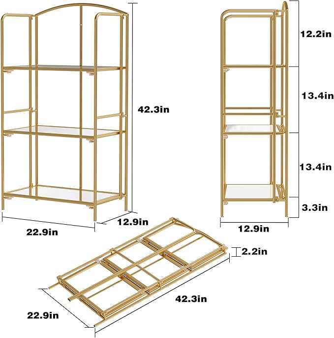 Crofy 3-Tier Foldable Bookshelf, Gold Frame & Transparent Shelves | No-Assembly Collapsible Portable Storage Organizer; Sturdy Transparent Shelves; Ideal for Living Room & Home Office