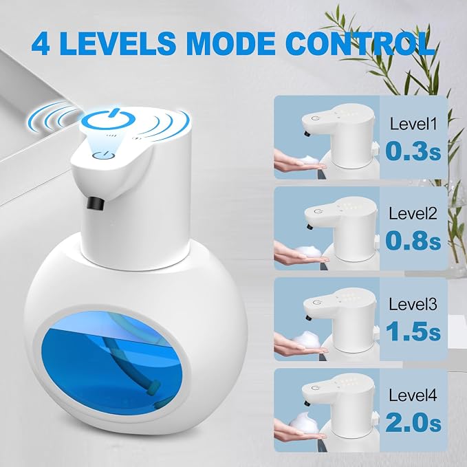 Automatic Foaming Soap Dispenser, 15oz/420ml Smart Hand Soap Dispensers, Touchless Wall Mount with 4-Level Adjustable, Rechargeable Foaming Hand Soap Dispenser for Bathroom Kitchen Office White