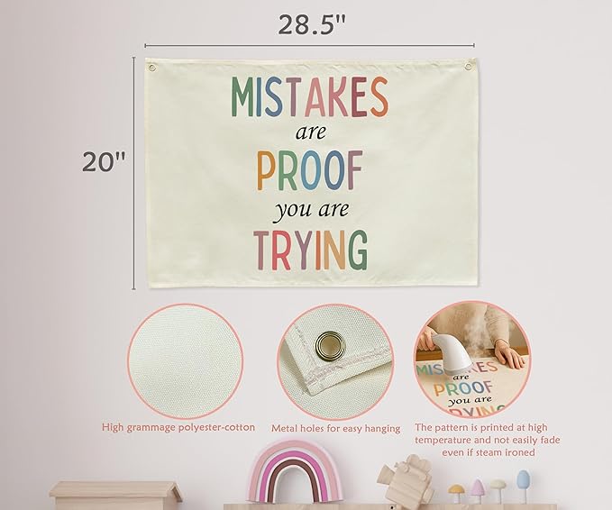 Classroom Wall Flag Decor-Teacher Gift-Inspirational Back to School Wall Banner Decor-Mistakes Are Proof You Are Trying-Hanging Rectangular Canvas Banner for Classroom Teacher Office Reading Corner