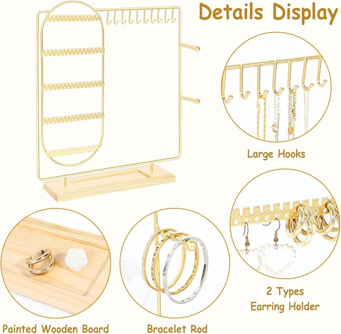 Jewelry Organizer Stand Jewelry Necklace Holder, 5-Tier Jewelry Organizers and Storage for Necklace Earring Bracelet Ring, Metal Jewelry Display Tree, Gifts Room Dorm Decor for Girls - Gold