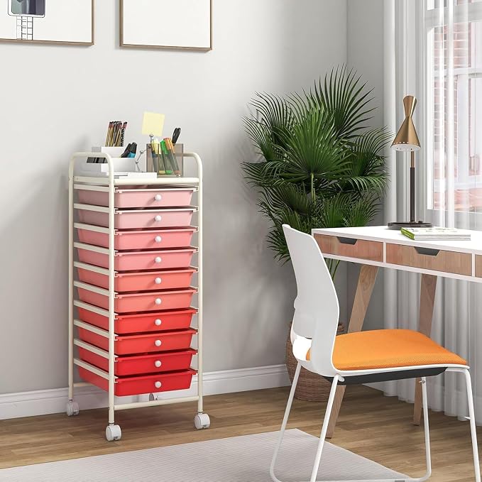 LDAILY 10-Drawer Rolling Storage Cart, Rolling Storage Cart, Storage Organizer on Wheels, Metal Frame, Scrapbook Paper Tools, Suitable for Office School, Classroom (Gradient Pink, 10 Drawer)