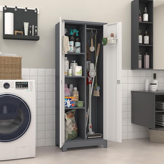 Broom Storage Cabinet, Metal Utility Storage Cabinet with Hanging Rail, 65" Tall Cleaning Tool Organizer with Shelves and Doors, Cleaning Storage for Home, Garage, Office, Balcony