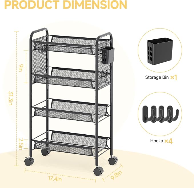 4 Tier Metal Rolling Utility Cart - Heavy Duty Storage Trolley with Pegboard, 4 Hooks & 1 Bin, Mobile Organizer Shelves for Bathroom Kitchen Office Craft Room Laundry, Black