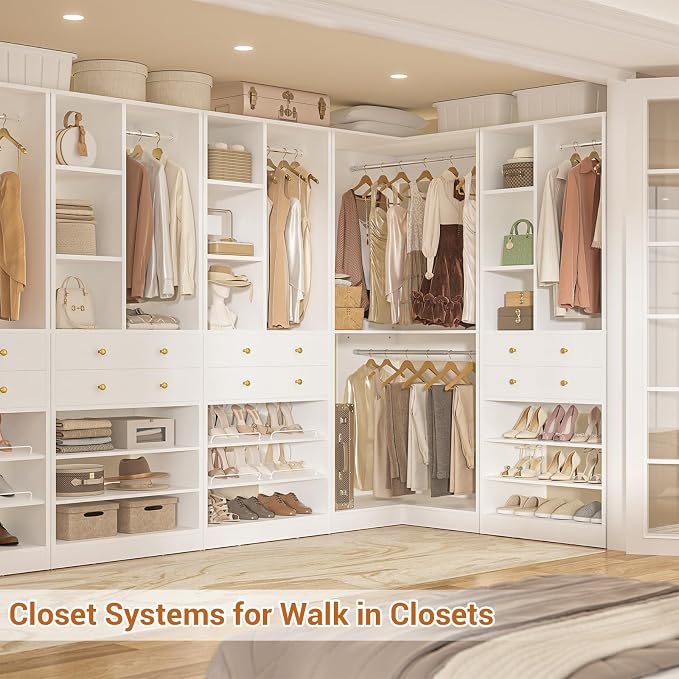 Besiost Corner Closet System with 2 Drawers, 3 Hanging Rods, 59.5" * 31.5" Closet Organizer System with Corner Tower, Reversible L Shaped Walk-in Closet System, Corner Closet System Set of 2, White