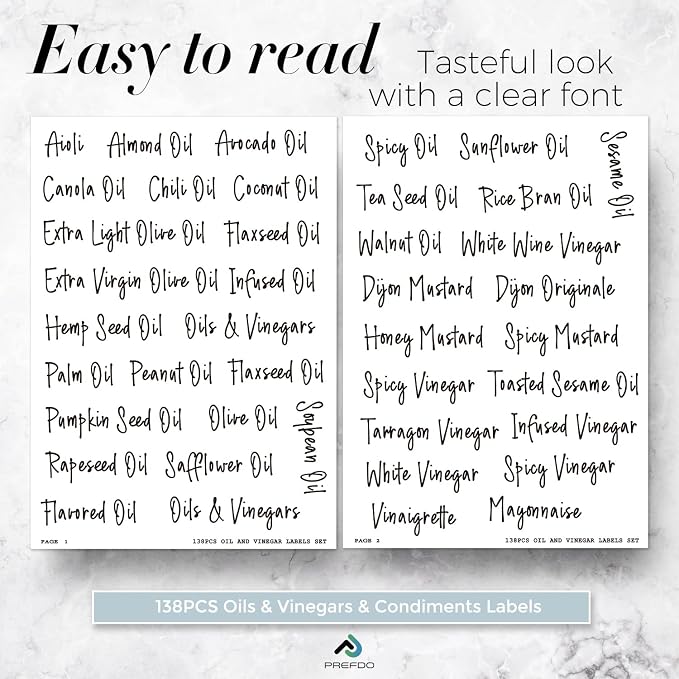 138 Oil and Vinegar Labels for Bottles, Black Script Clear Preprinted Condiments Stickers for Squeeze Dispensers Kitchen Pantry Organization, Waterproof & Oil-Proof