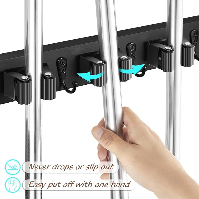 OUTNILI Mop and Broom Holder Wall Mount - Black Broom Mop Hanger - Wall Mounted Garden Tool Rack Organizer for Closet Garage Laundry Room Kitchen Decor With 5 Slots & 4 Hooks