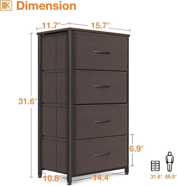 ODK Small Dresser for Bedroom with 4 Storage Drawers, Brown | Dresser Chest of Fabric Drawers with Sturdy Steel Frame for Small Space, Wood Top