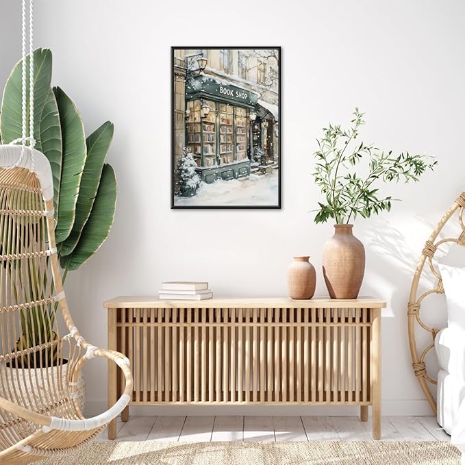 Winter Book Shop New York Book Lover Art Aesthetic Poster Canvas Wall Art Decoration Living Room Home Decor Bedroom Decoration Poster black framed12x18inch