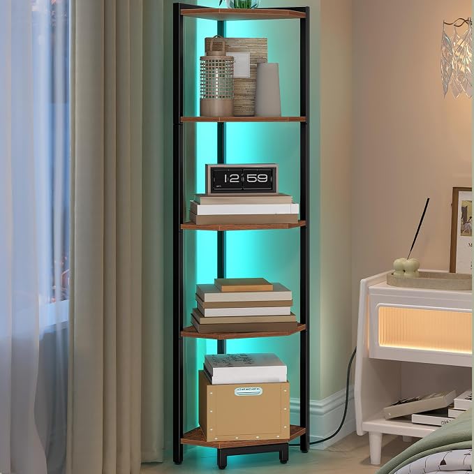 Hzuaneri Corner Shelf with LED Light 6 Tier Corner Bookshelf Standing Shelf | Tall Narrow Display Bookcase with Metal Frame for Small Space, Living Room, Home Office, Bedroom, Rustic Brown CS66501B