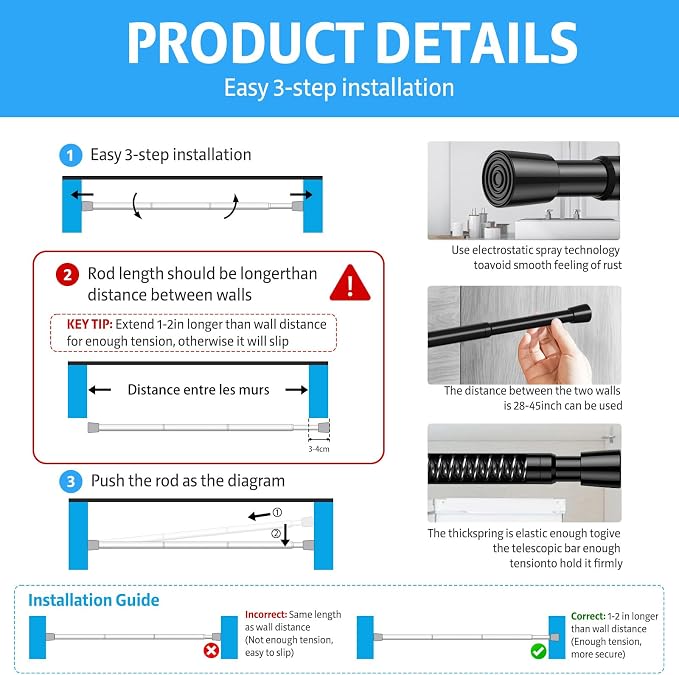 3 Pack Spring Tension Rods 28-45IN, 5/8 Inch Diameter Black No Drill Spring Loaded Adjustable Extendable, Small Short Tension Curtain Rod for Windows Kitchen Doorway Closet Cupboard