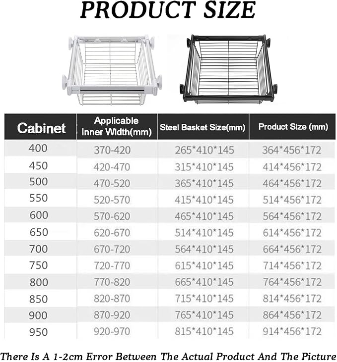 Pull Out Storage Basket with Runners,Metal Under Shelf Storage Basket,Stackable Storage Bins,Adjustable Width 370-970mm,40kg Weight Capacity(White,Width920-970mm)