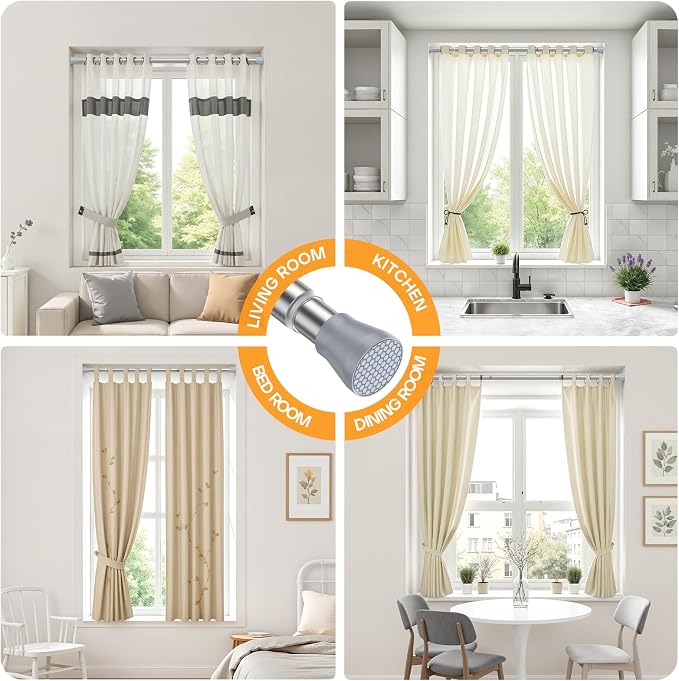 Adjustable Tension Curtain Rod 28-48 Inch, Silver Spring Loaded No Drill Non-Slip Window Curtain Rod for Bathroom, Shower, Dorm