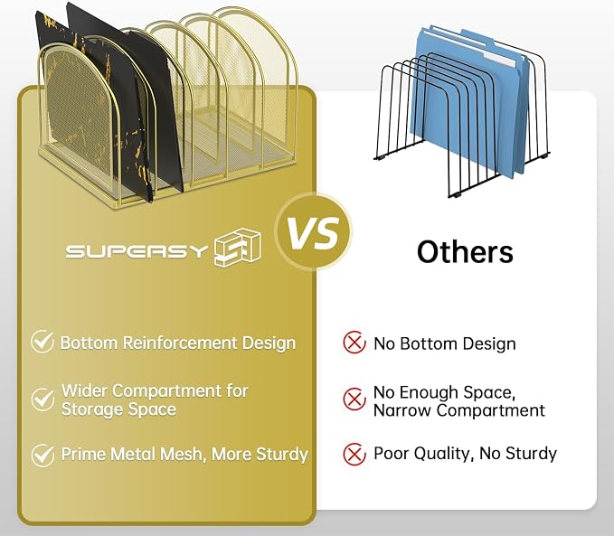 SUPEASY File Organizer for Desk, 5-Section Mesh Desk Organizer, Vertical File Holder Desktop Organizer File Sorter, File Folder Holder for Office Supplies, Gold