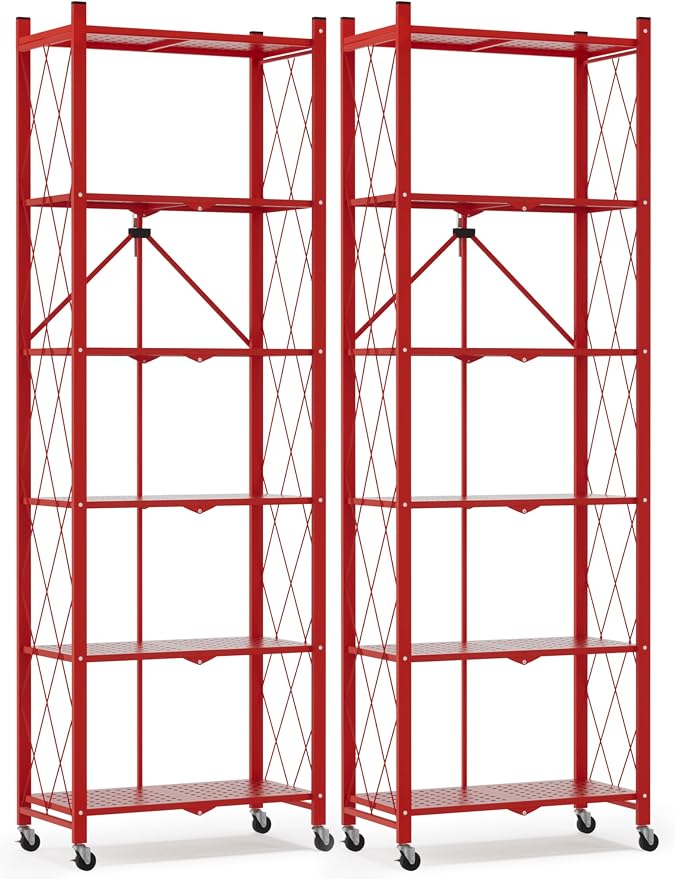 ALANNG 73.6 Inch Folding Bookshelf, 6 Tier Metal Bookcase and Bookshelves | Tall Shelves for Living Room Office Bedroom, Heavy Duty Book Shelve Free Standing Open (Red, 2PACK)