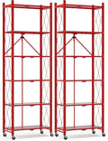 ALANNG 73.6 Inch Folding Bookshelf, 6 Tier Metal Bookcase and Bookshelves | Tall Shelves for Living Room Office Bedroom, Heavy Duty Book Shelve Free Standing Open (Red, 2PACK)