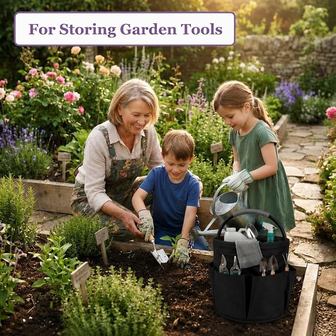 Garden Tool Organizer Tote with Non-Slip Handle – 4.5-Gallon Water-Resistant Bucket Bag with 6 Side Pockets, Portable Gardening and Outdoor Utility Bag for Yard Work, Garage, Beach & Camping (Black)