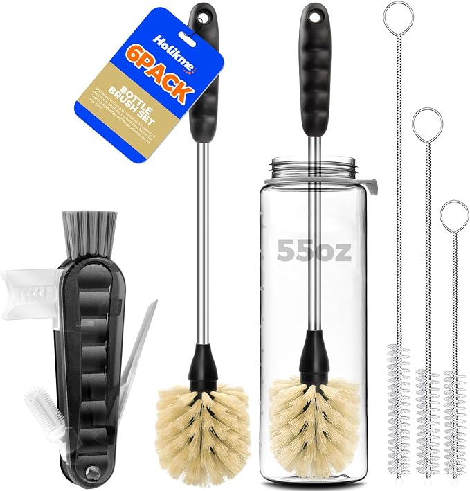 Holikme 6 Pack Bottle Brush 14" Stainless Steel Straw Cleaner Brush,Yellow | Bottle Cleaner Brush, 3 Straw, Bottle Cleaning Brush for Water Bottle, Baby Bottle Brush, Antistatic Brushes