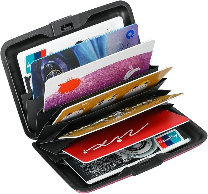 ELFISH RFID Blocking Credit Card Protector Aluminum ID Case Hard Shell Business Card Holders Metal Wallet for Men or Women（Matte Pink