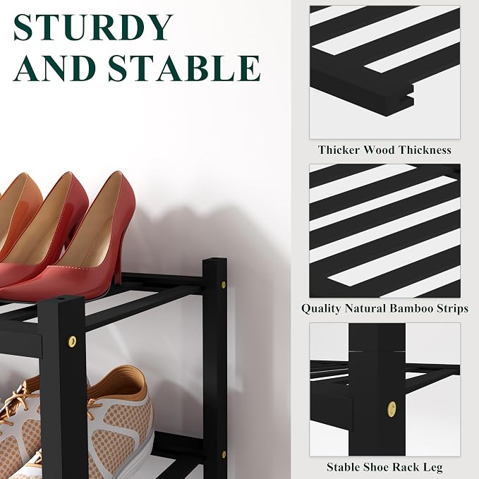 Smiry Bamboo Shoe Rack for Closet, 2 Tier Small Wooden Shoe Organizer, Stackable Wood Shoe Storage Shelf for Entryway, 14 Vertical Slats, One-piece Heavy-Duty Legs, 17.32"x11.02"x12.99", Black