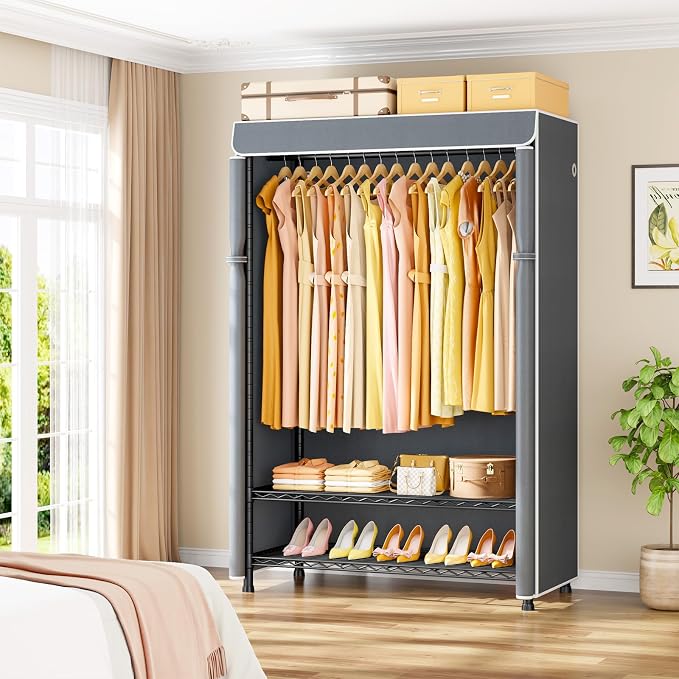 ULIFHOME H5C Plus Clothes Rack with Cover, Portable Closet for Hanging Clothes, Covered Clothing Racks Heavy Duty, Garment Racks with Shelves, Max Load 370LBS, Black Closet Rack with Gray Cover