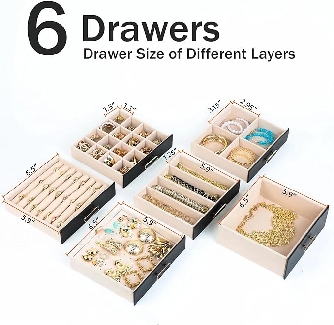 BOOVO Clear Lid Jewelry Box,6 Layers Jewelry Organizer Large Jewelry Storage Box with 6 Drawers,Jewelry Holder Organzier of Rings Earrings Necklace Bracelets for Women (Black, 6 Layer)
