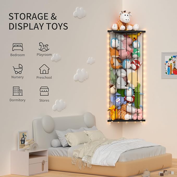Stuffed Animal Storage Shelf Organizer(Patented) - Corner Stuffed Animal Holder Length Adjustable - Wall Plush Storage for Nursery Playroom Bedroom Kids Room (Black+Light, Standard)