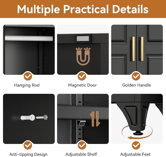 Polup Metal Armoire Wardrobe Closet with Hanging Rod, 71" Tall Wardrobe Cabinet for Clothes, Black Clothing Storage Cabinet with Doors and Shelves, Large Wardrobes for Bedroom, Office, School, Gym