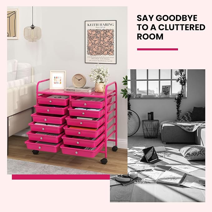 LDAILY 12 Drawer Rolling Storage Cart, Craft Cart Organizer on Wheels w/Metal Frame, Large Capacity & Smooth Drawer, Rolling Cart w/Drawers for Classroom, Office