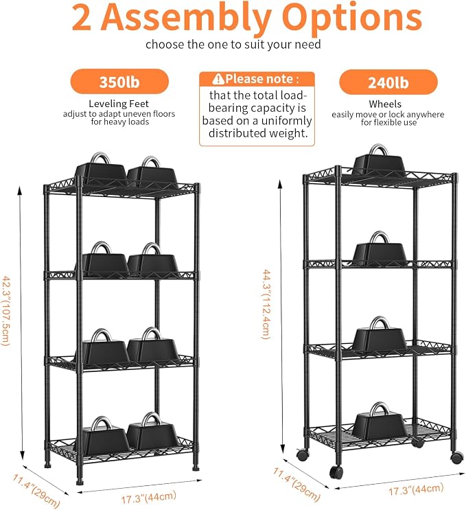 4-Tier Wire Shelf Metal Rack,Narrow Wire Shelving Unit 17.3" Wx11.4 Dx44.3 H,Height Adjustable Storage Pantry Shelves with Lockable Wheels for Kitchen,Laundry,Office,Bathroom Or Small Spaces