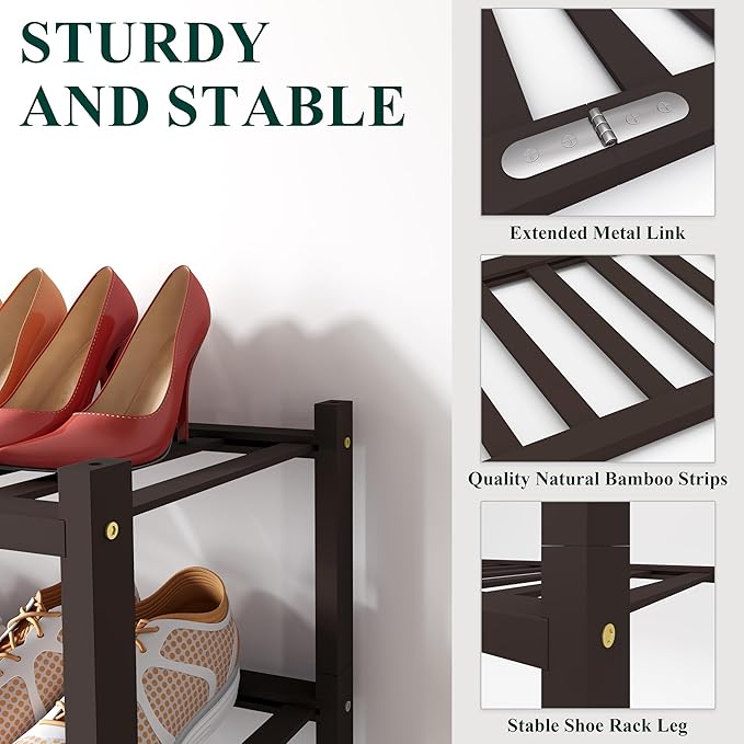 Smiry Bamboo Shoe Rack, 3 Tier Free Standing Wooden Shoe Organizer, Stackable Wood Shoe Storage Shelf for Closet, Entryway, 12 Vertical Slats, 2+1 Stack Standard Legs, 26.8"x11"x19.5", Brown