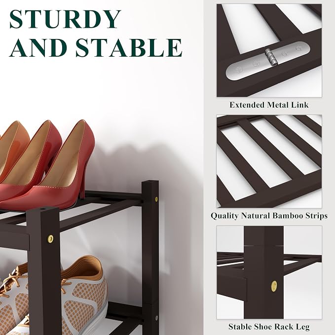 Smiry Bamboo Shoe Rack for Closet, 6 Tier Wooden Shoe Organizer, Stackable Wood Shoe Storage Shelf for Entryway, 14 Vertical Slats, 3+3 Stack Heavy-Duty Legs, 26.77"x11.02"x36.61", Brown