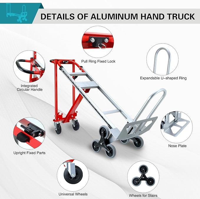 3 in 1 Industrial Convertible Hand Truck Dolly,1000 LBS Capacity Aluminum Hand Truck Dolly,Stair Climbing Hand Trucks Heavy Duty with Rubber Wheels for Moving,Transport(Red)