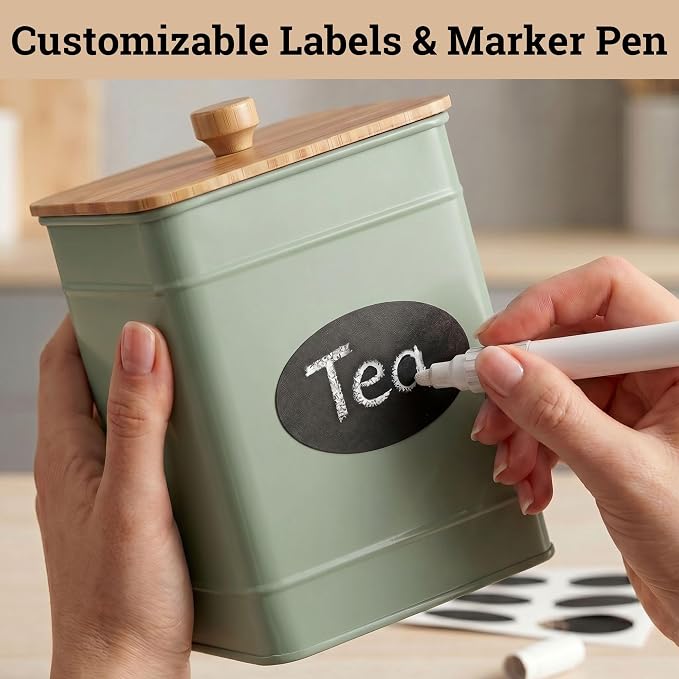 Kitchen Canisters for Countertop Set of 3 w/ Chalkboard Labels & Marker Pen | Airtight Easy Open Bamboo Lids, Dent-Resistant Thick Metal, Customizable Chalkboard Labels, Marker Pen Included, Set of 3