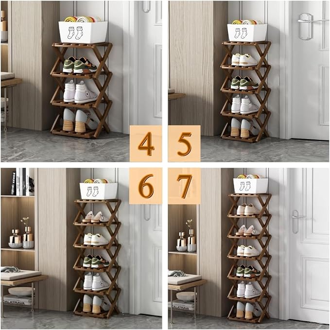 5 Tier Foldable Shoe Rack, Bamboo Vertical Shoe Organizer Tall for Multifunctional Narrow Shoe Shelf for Entryway, Closet, Corner, Bedroom, Hallway(Brown)