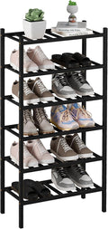 ROMGUAR CRAFT 6-Tier Bamboo Small Shoe Rack, Free Standing Wood Shoe Shelf Storage Organizer for Closet Entryway Stackable (Black)