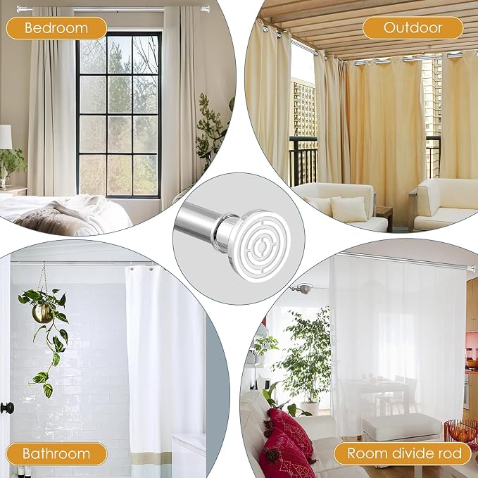 Silver Long Curtain RodTension Shower Curtain Rods 30 to 88 inch Adjustable Spring Heavy Duty Rods for Bathroom Windows Outdoor No Drill No Slip Stainless Steel