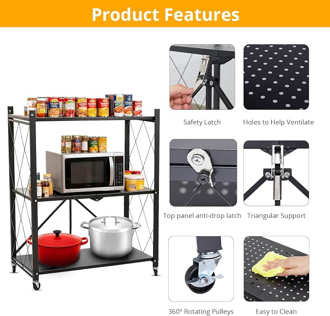 COKIHOM 3-Tier Folding Shelf, No Assembly Metal Shelving Unit with Wheels, Heavy Duty Folding Bookshelf, Space Saving Foldable Storage Shelf for Kitchen, Books, Pantry, Bathroom Organization