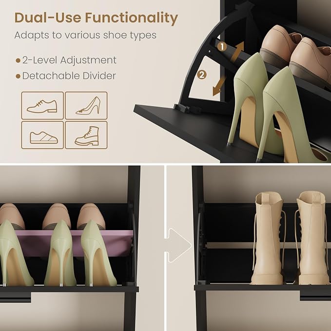 Shoe Cabinet Organizer with 3 Flip Drawers, Freestanding Shoe Storage Cabinet, Adjustable and Removable Dividers, 23.6"W x 8.7"D x 47.2"H Narrow Shoe Rack for Entryway, Foyer, Hallway, Black