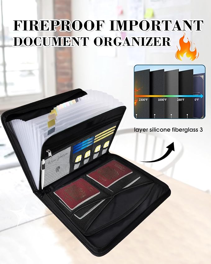 Fireproof Bag Important Document Organizer/13 Pocket Accordion File | Expanding File Folder with Labels, Safe Holder and Organizer for Birth Certificate, Paper, Receipt, Bill, etc.