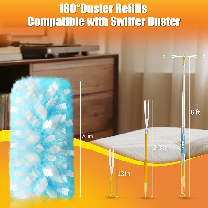 120 Count Duster Refills Compatible with Swiffer Duster, 180° Disposable Multi-Surface Microfiber Cleaning Dusters, Unscented