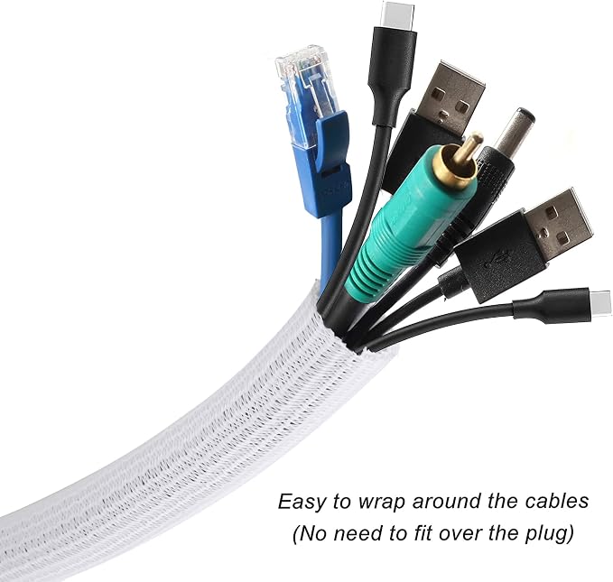 Cable Management Sleeve, Split Design, 25FT - 1.25 Inch, White | Cord Protectors from Pets | Heat & Abrasion Resistant Wire Loom | Automotive Wiring & Home Office Cable Organization