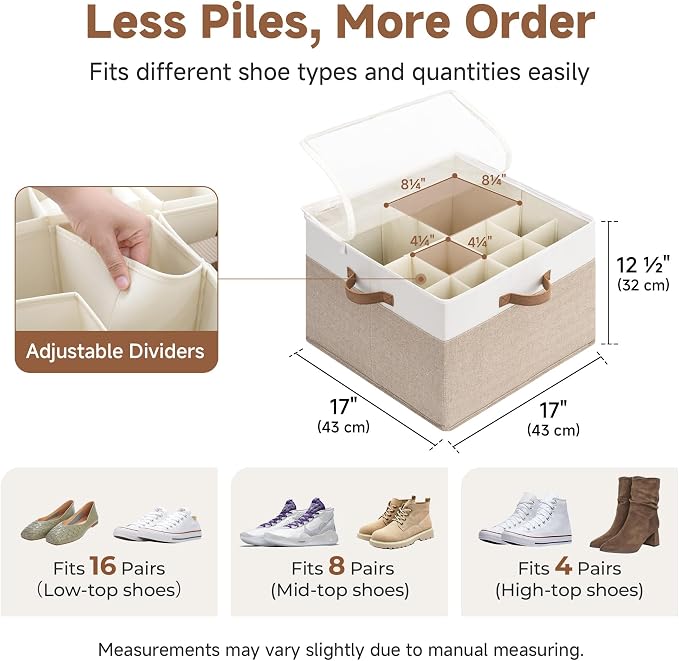 StorageWorks Shoe Organizer for Closet, Brown & White | Foldable, Adjustable Dividers, For Heels & Sneakers, Fits 16-32 Pairs